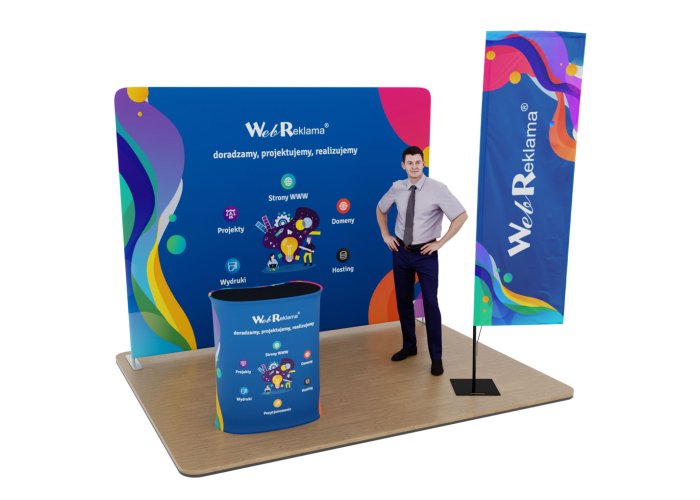 Stoisko targowe 3x2,5m składające się ze ścianki, trybunki i windera prostokątnego